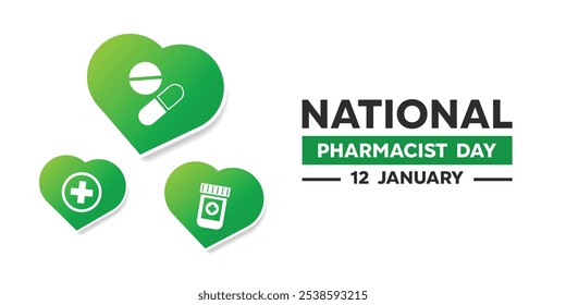 Día nacional del farmacéutico. Corazón, medicina e icono de plus. Ideal para tarjetas, Anuncios, carteles, redes sociales y más. El fondo blanco. 