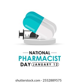 National Pharmacist day is observed every year on 12 January background design template. Vector graphic of lab coat and medical equipments. Medical box, syringes, vaccine bottle, pills placed on a tab