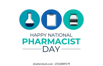 National Pharmacist day is observed every year on 12 January background design template. Vector graphic of lab coat and medical equipments. Medical box, syringes, vaccine bottle, pills placed on a tab