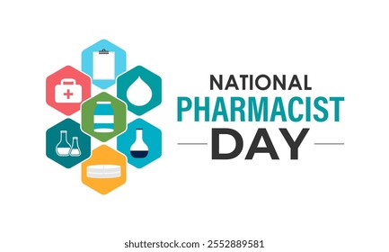 National Pharmacist day is observed every year on 12 January background design template. Vector graphic of lab coat and medical equipments. Medical box, syringes, vaccine bottle, pills placed on a tab