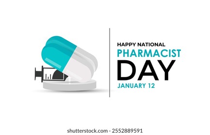 National Pharmacist day is observed every year on 12 January background design template. Vector graphic of lab coat and medical equipments. Medical box, syringes, vaccine bottle, pills placed on a tab