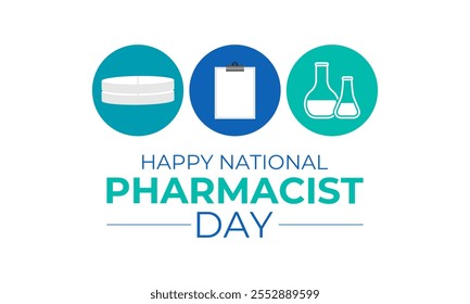 National Pharmacist day is observed every year on 12 January background design template. Vector graphic of lab coat and medical equipments. Medical box, syringes, vaccine bottle, pills placed on a tab
