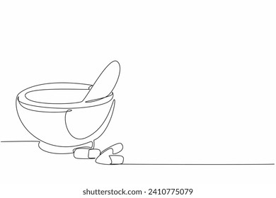 National Pharmacist Day. One single line drawing of ceramic mortar, pestle, and capsule. Grind pill medicine into new formula. Medical healthcare treatment concept. Vector line graphic design art