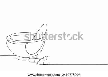 National Pharmacist Day. One single line drawing of ceramic mortar, pestle, and capsule. Grind pill medicine into new formula. Medical healthcare treatment concept. Vector line graphic design art
