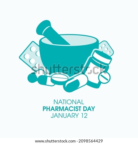 National Pharmacist Day vector. Pharmacy mortar and pestle and various drugs vector. Medicine bottle, pills and capsules vector. Pharmacist Day Poster, January 12. Important day
