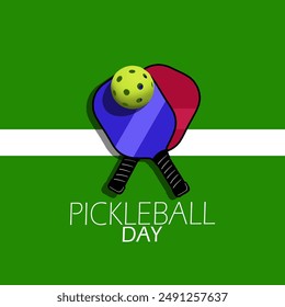 National Pickle ball Day event sport banner. Pickle ball racket with ball on green background to celebrate on August 8th