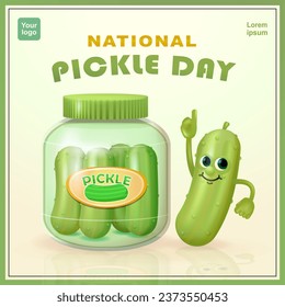 Nationalfeiertag. Rutschige Pickle Charakter und pickle in einem Glas. 3D-Vektorgrafik, geeignet für Feiertagsfeiern, Nahrungsmittel und Design-Objekte