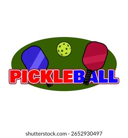 National Pickleball Day to celebrate on August 8th. Red and blue pickleball paddle with ball and colorful bold text on white background. Sport event banner.