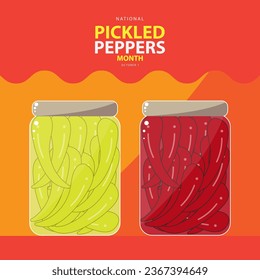National Pickled Peppers Month on october 1, with vector illustration two containers each containing bell peppers and text isolated on abstract background for celebrate National Pickled Peppers Month.