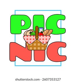 National Picnic Day to celebrate on April 23rd. A picnic basket filled with food and fruits with bold text on white background.