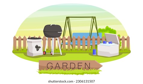 National picnic day good. National picnic day celebration. Garden barbecue pastime poster in flat design. Sticker design. Green lawn with picnic equipment for summer time leisure. Vector illustration