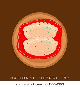 National Pierogi Day celebrate on October 8th event food banner. A delicious dish of Polish dumplings with tomato sauce served on a plate on dark brown background