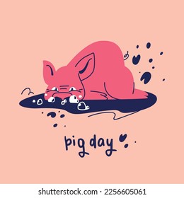 National Pig Day. A cheerful pig lies in the mud and lets bubbles. Street entertainment with water. The background with spray spots and traces of hooves. Flat illustration in a cartoon style.