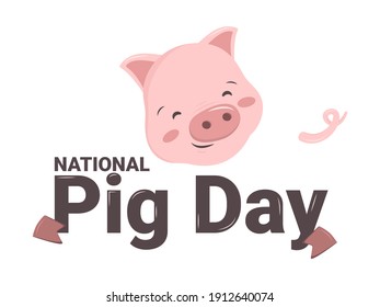 National pig day. Pink swine with a heel and a tail hugs a festive inscription. Cute funny animal. Spring March holiday symbol. Flat vector graphics