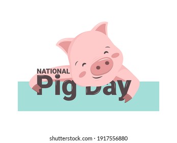 National pig day. Pink swine with a heel and a tail hugs a festive inscription. Cute funny animal. Spring March holiday symbol. Flat vector graphics