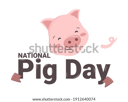 National pig day. Pink swine with a heel and a tail hugs a festive inscription. Cute funny animal. Spring March holiday symbol. Flat vector graphics