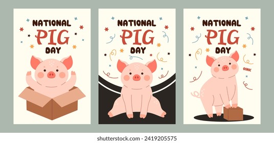 national pig day posters set. postcards with cute piglets. pig posters collection