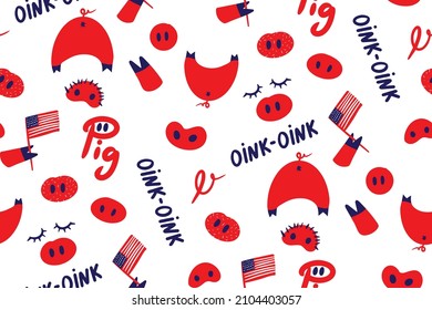 National pig day seamless pattern. Piglet, tails, oink-oink, USA flag