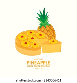 Vector del Día Nacional del Pastel de Piña boca abajo. Torta entera de fruta con piña y cerezas vector icono. Afiche del Día del Pastel de Piña boca abajo, 20 de abril. Día importante