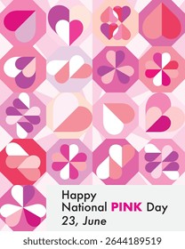 National pink day June 23. Template for greeting cards, posters and holiday covers. Design in many heart shape icon and shades of pink in modern minimalist style.