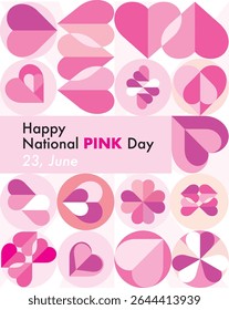 National pink day June 23. Template for greeting cards, posters and holiday covers. Design in many heart shape icon and shades of pink in modern minimalist style.