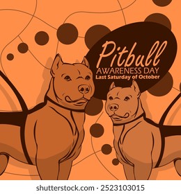 El Día Nacional de Concienciación Pitbull se celebra el último sábado de octubre. Ilustración de dos perros pitbull con sus correas sobre un fondo marrón claro. Evento de Anuncio animal.