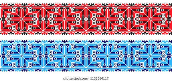 national pixel pattern. red and black and blue colors ukrainian cross stitch embroidery. ethnic ornament