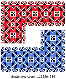 national pixel pattern. red and black and blue colors ukrainian cross stitch embroidery. ethnic ornament. corner serviette