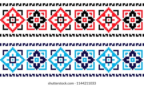 national pixel pattern. red and black and blue colors ukrainian cross stitch embroidery. ethnic ornament