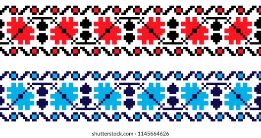 national pixel pattern. red and black and blue colors ukrainian cross stitch embroidery. ethnic ornament