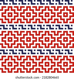 National pixel pattern. Traditional ethnic pattern, red blue ornament on white background	
