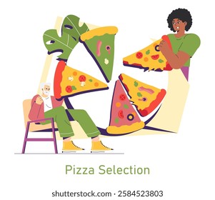 National Pizza Day celebrates the joy of pizza, showcasing a delightful interaction between a person selecting from various pizza slices. This illustration captures the excitement of choosing pizza