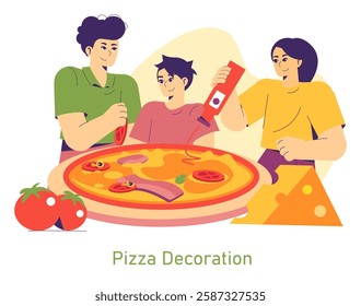 National Pizza Day celebrates the joy of making and enjoying pizza with friends and family. In this illustration, people collaborate to create their perfect pizza, showcasing a variety of toppings and