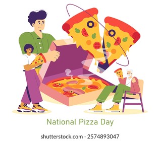 National Pizza Day celebration brings joy and community together. Families and friends enjoy delicious pizza in various forms. The illustration captures the love for pizza across generations. Vector