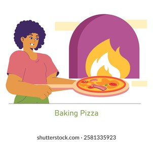 National Pizza Day celebration with a cheerful cook preparing a fresh pizza. A vibrant oven fire enhances the atmosphere of culinary delight. Joyful moments created through shared food experiences