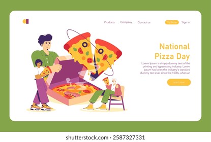 National Pizza Day celebration. Families and friends gather to enjoy a delicious pizza feast with various toppings. Joyful moments and sharing delicious slices create lasting memories. Vector