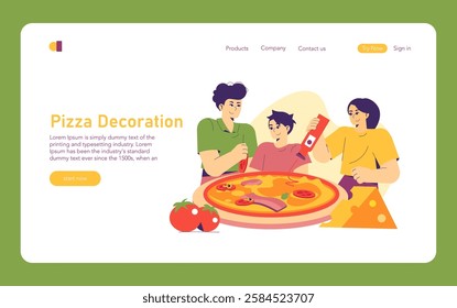 National Pizza Day celebration featuring friends joyfully decorating a pizza together. This illustration captures a fun and interactive experience, perfect for pizza enthusiasts. Emphasizes creativity