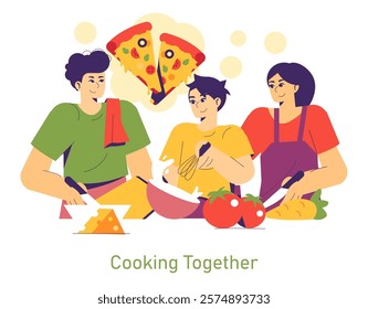 National Pizza Day celebration with friends in the kitchen. A joyful atmosphere filled with laughter while preparing delicious pizza together. Fresh ingredients and teamwork create memorable moments