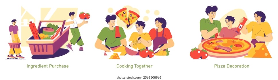 National Pizza Day celebration through food preparation. Families buying ingredients, cooking together, and decorating delicious pizzas. Emphasizing joy, creativity, and togetherness in the kitchen