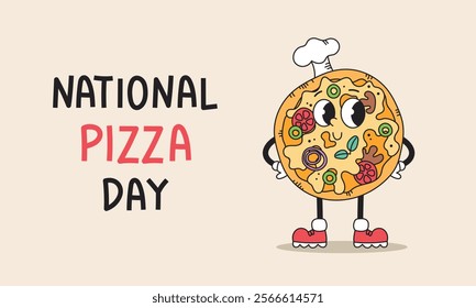 National Pizza day design template concept. Retro poster, banner for fast food. Vector groovy illustration