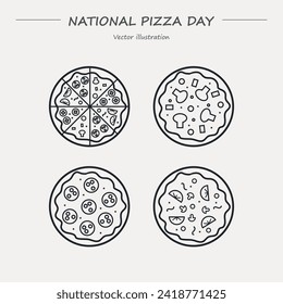 National Pizza Day, February 9. Vector outline icon set. Different kinds of whole round pizza. Top view.