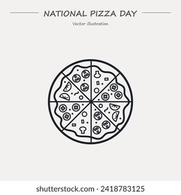 National Pizza Day, February 9. Vector outline icon. Different kinds of slice round pizza. Top view.