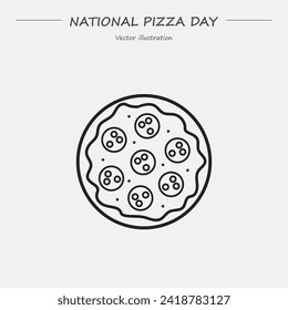 National Pizza Day, February 9. Vector outline icon set. whole round pepperoni pizza. Top view.