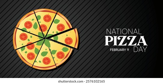 National Pizza Day February 9 pizza slice on dark vector poster