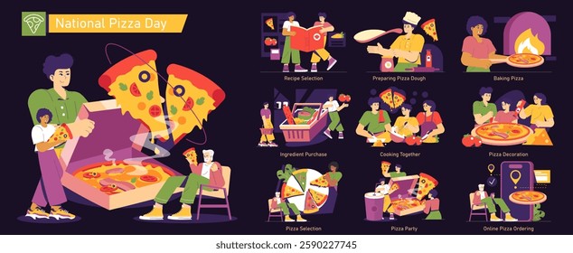 National Pizza Day illustration. Celebrating the joy of pizza through various activities including recipe selection, preparing dough, baking, and enjoying pizza with friends. Highlights community