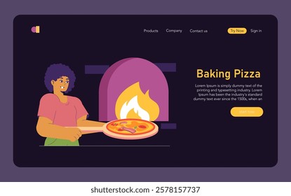 National Pizza Day illustration. A cheerful person serves a freshly baked pizza from a traditional oven. This scene captures the joy of enjoying pizza, highlighting communal cooking and food sharing