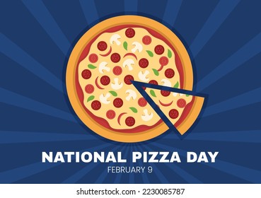 National Pizza Day on Celebration February 9 by Consuming Various Slice in Flat Cartoon Style Background Hand Drawn Templates Illustration