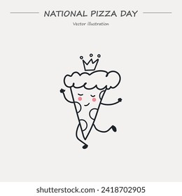 National Pizza Day vector. A cartoon slice of pizza with a crown on it. Pizza Day clip art and outline icon February 9.