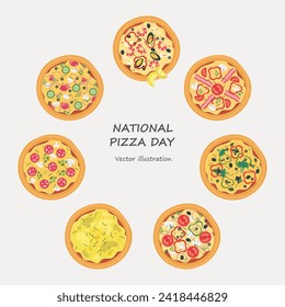 Vector del Día Nacional de la Pizza. Diferentes tipos de vector de pizza redonda. Conjunto de iconos de la vista superior de pizza completa. Afiche del Día de la pizza, 9 de febrero.