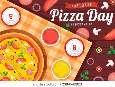 National Pizza Day Vector Illustration on February 9 with Various Toppings on Each Slice for Poster or Banner in Flat Cartoon Background Design